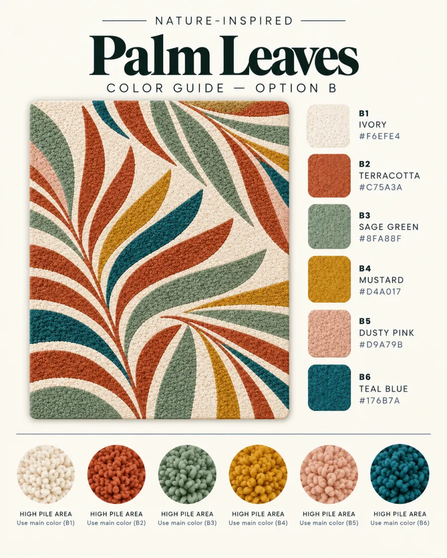 Palm Leaves tufting pattern colour guide — Nature-inspired
