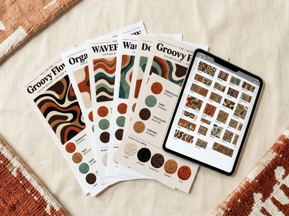 Inside the vault: printed tufting pattern sheets, colour guide cards and the pattern library on a tablet